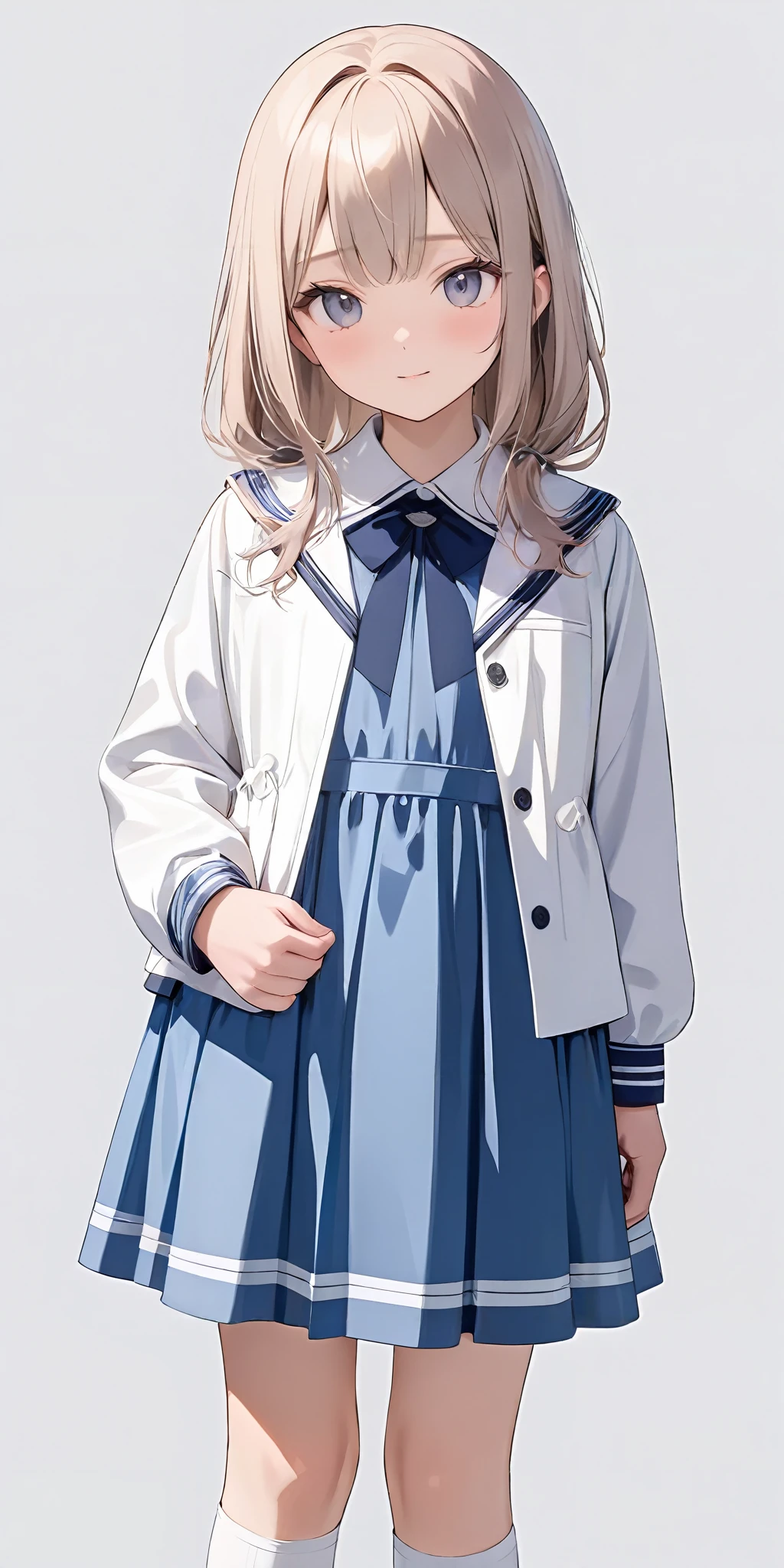masterpiece,ultra-detailed,best quality,8K,illustration,cute face,clean skin ,shiny hair,girl,simple background
<lora:add-detail-xl:1> <lora:jyoji formal_XL_V1.0:0.5> jyojifuku, blue dress, long sleeves,white jacket, kneehighs