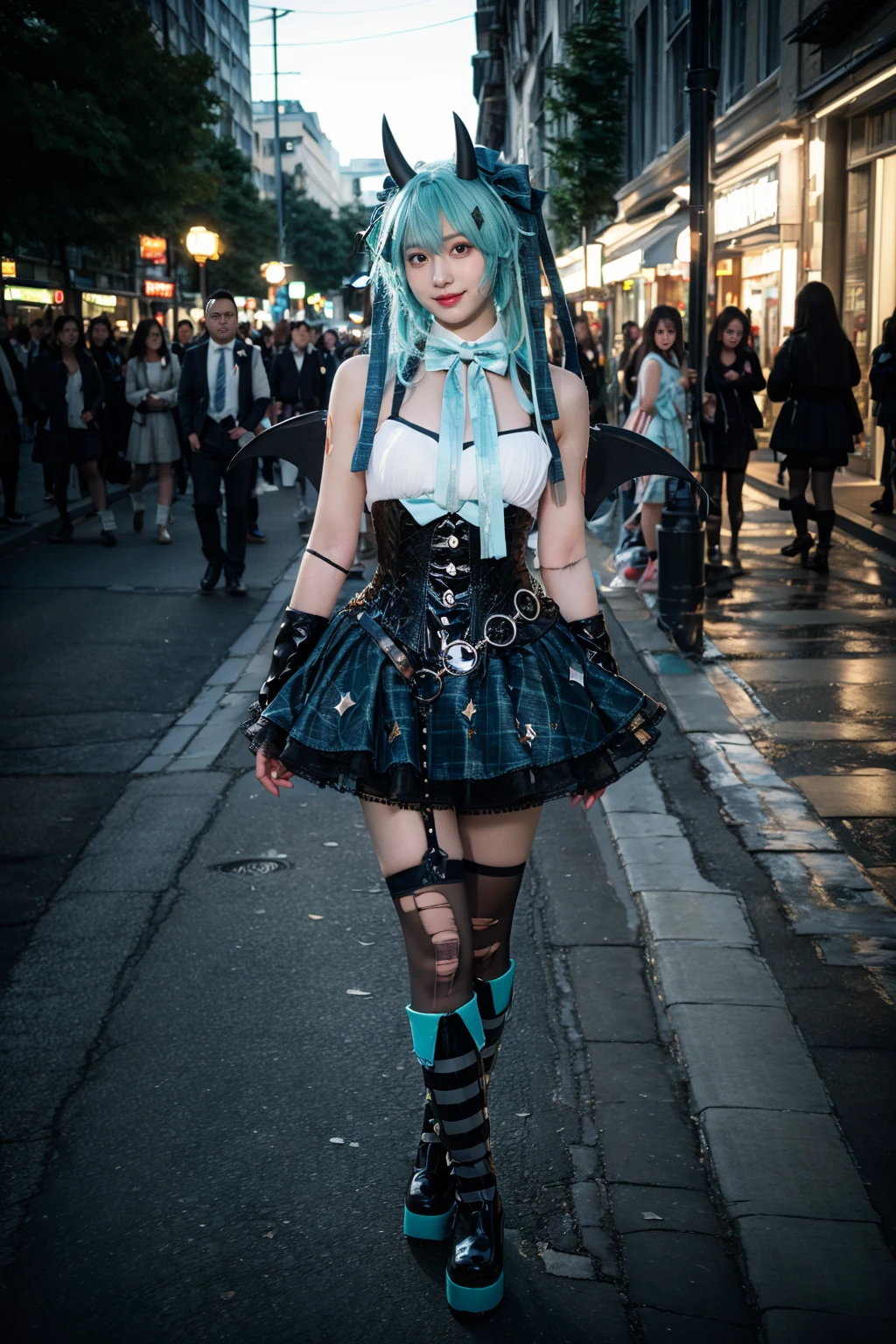 best quality, masterpiece, realistic, photorealistic, 1girl, solo, looking at viewer, smile, standing, full body, hatsune miku cosplay costume, hatsune miku, cosplay, aqua hair, very long hair, twintails, shirt, corset, skirt, plaid skirt, detached collar, detached sleeves, arm warmers, bowtie, bow, horns, demon horns, demon wings, demon tail, ribbon, o-ring, chain, thigh strap, hair ribbon, hair bow, thighhighs, torn thighhighs, knee boots, belt boots, platform boots, in street, night, people, shop, <lora:miku_cosplay_Villains_v1:0.75>, <lora:Background Detail Enhanced_Si_v3.0:1.5>