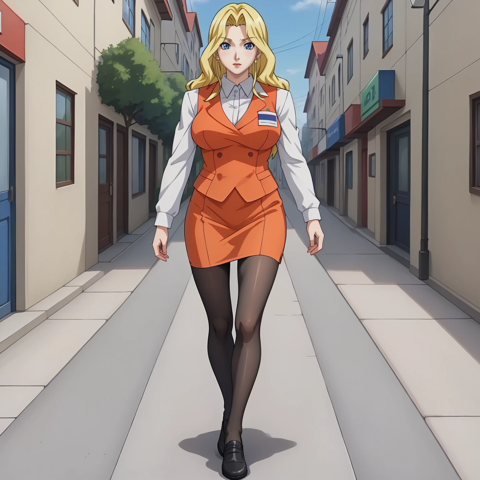 <lora:AliceNonoyamaXLpony001>,
solo,
AliceNonoyama,1girl,blonde hair,long hair,blue eyes,large breasts,
white shirt,long_sleeves,orange vest,
orange pencil_skirt,
black pantyhose,
BREAK
full body,walking,