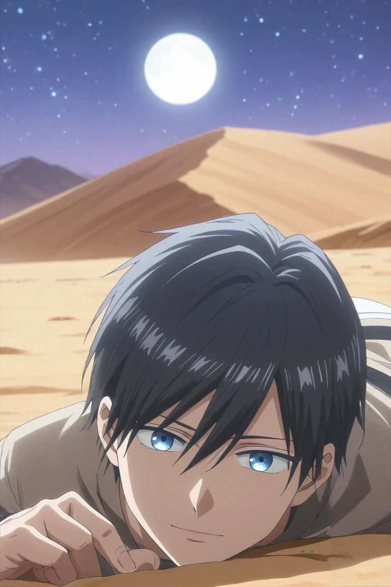 score_9, score_8_up, score_7_up, source_anime, rating_safe, intricate details, anime screencap, , , , , 1boy, solo, male focus, <lora:akito_yamada_pony:0.82>, akito_yamada, black hair, blue eyes, short hair, hair between eyes, bangs, full body, sahara desert, night, full moon, lying, on stomach, laughing, , <lora:sdxl_lightning_8step_lora:1>