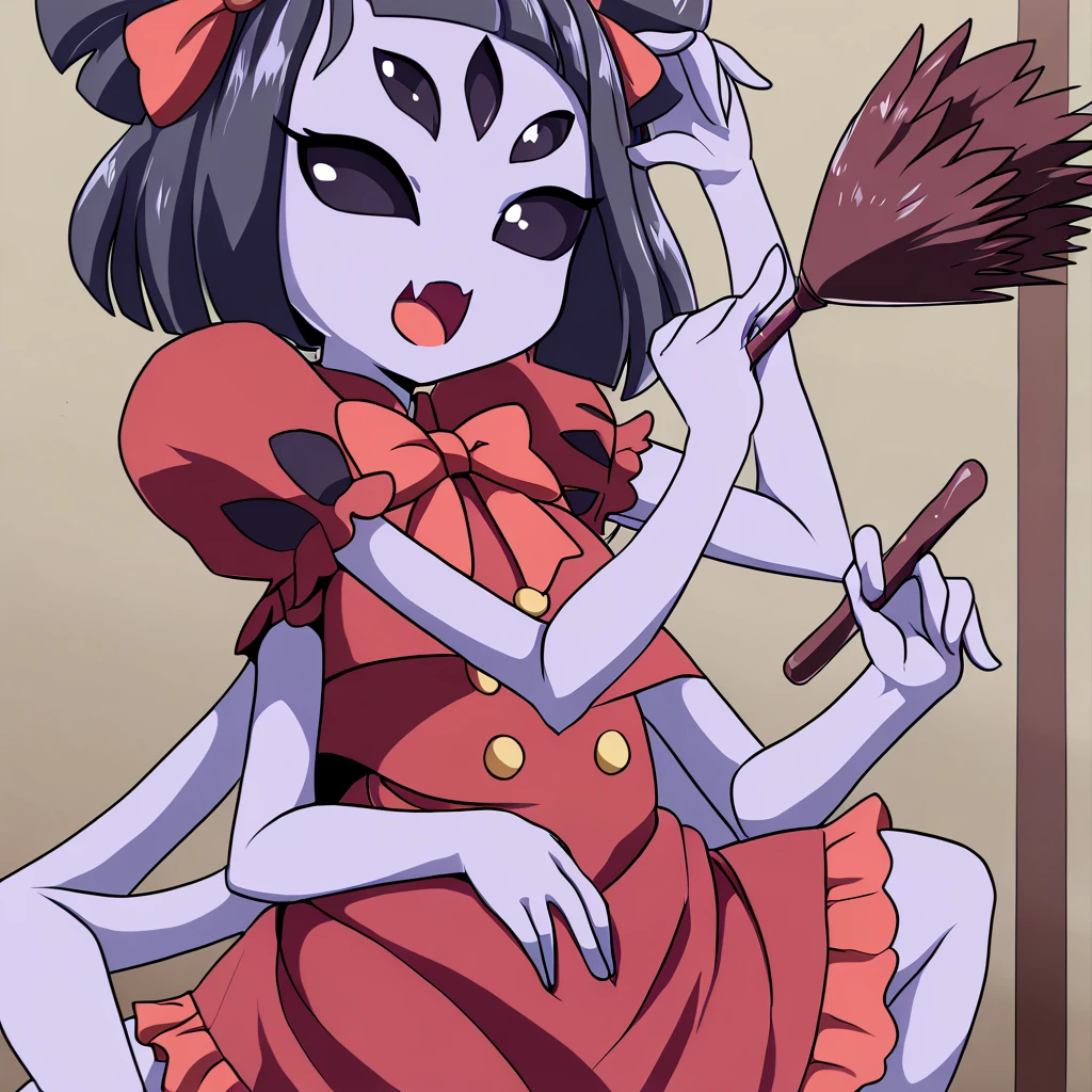 <lora:Muffet:1>, 1girl, solo, arthropod girl, simple background, hair bow, looking at viewer, monster girl, open mouth, red dress, puffy short sleeves, purple skin, red bowtie, short hair, she is cleaning a room with a duster