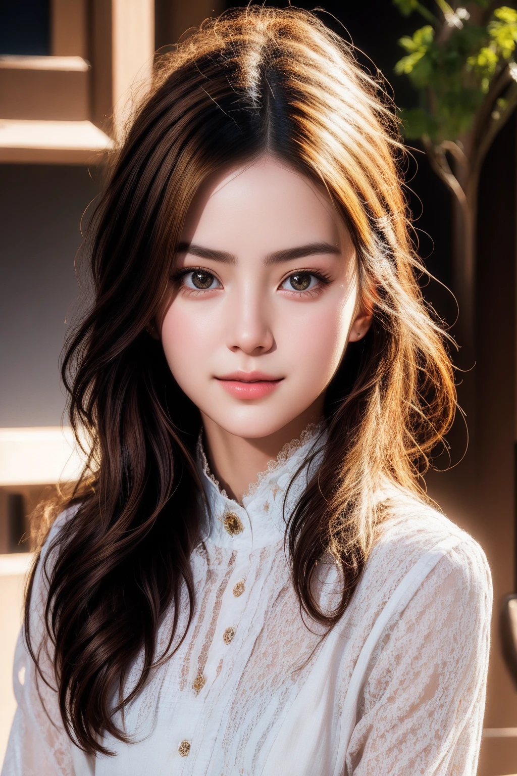 the best quality，ultra-high-resolution，（真实感：1.4），（beautiful a girl：1.4），（mediuml breasts：0.8），Looking_The is in the_peeping at the viewer，Detailed facial details，Beautiful detailed eyes，purple color  hair，Blue eyes，Slim，haunting smile，（Makeup：0.3），red lip，Very meticulous clothes，（ulzang-6500-v1.1：0.3）