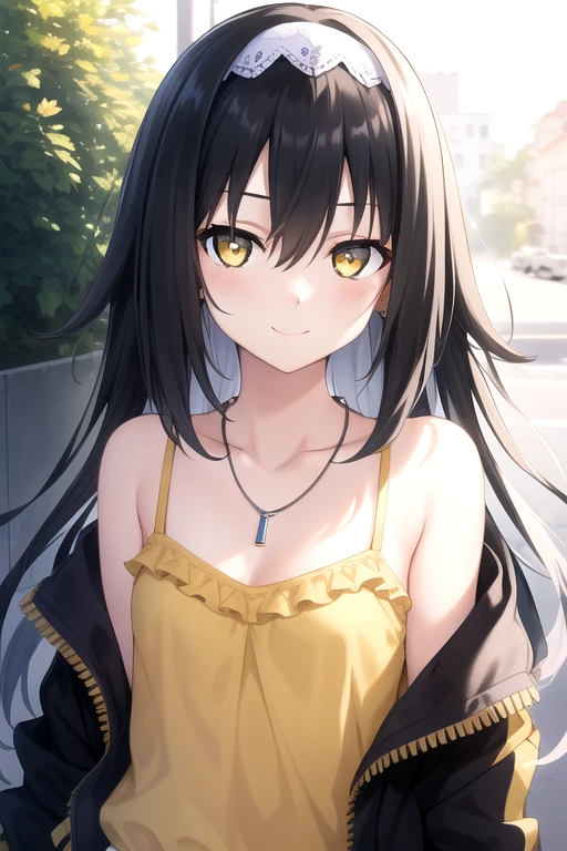 ((masterpiece)),(best quality),official art,extremely delicate and beautiful,extremely detailed CG,unity 8k wallpaper,ultra detailed,beautiful detailed eyes,extremely detailed face,outdoors,1girl,solo,upper body,(portrait:1.5),looking at viewer,facing viewer,smile,(petite:1.2),Arusu Marina,very long hair,black hair,gradient hair,multicolored hair,hair ribbon,hair bow,white hairband,sidelocks,hair between eyes,bangs,yellow eyes,collarbone,jewelry,necklace,black jacket,yellow camisole,frills,medium breasts,short shorts,denim shorts,shorts rolled up,black socks,sneakers,<lora:Arusu Marina(dal):0.6>,