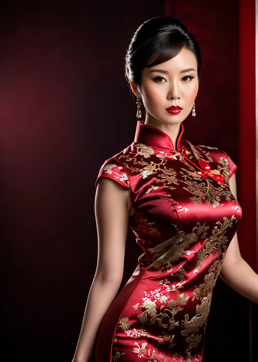 glamorous photo of A captivating masterpiece of an woman, full body, dressed in a Chinese vintage cheongsam, The use of high-shine gloss adds a touch of glamour while the deep red and black hues give it a dramatic vibe, studio lighting, look to the camera, background blurred, <lora:MS_Aika_Yumeno_V2_SDXL:0.8>, high fashion, luxurious, extravagant, stylish, sensual, opulent, elegance, stunning beauty, professional, high contrast, detailed