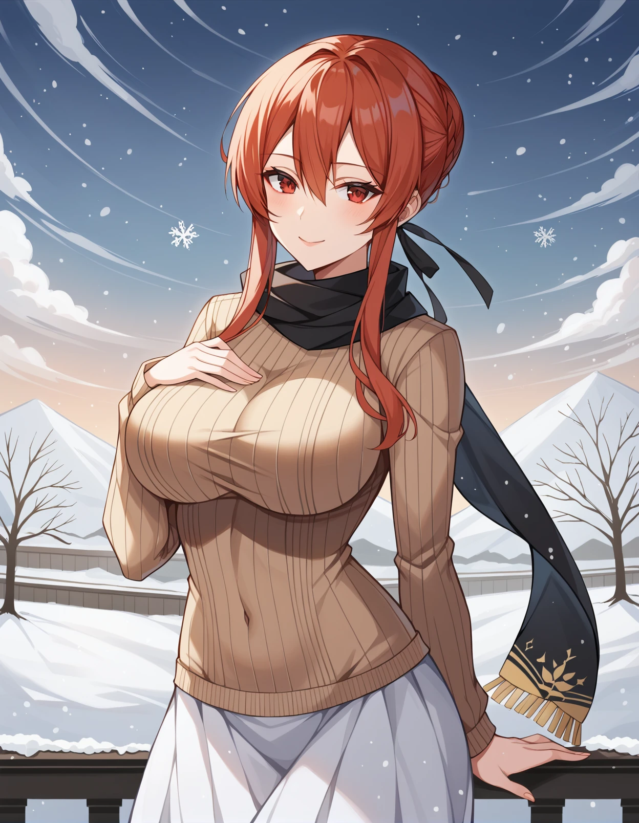 score_9, score_8_up, score_7_up, source_anime, rating_safe, BREAK <lora:azureMonarchXL_LoRA-C3Lier_AdamW_Dim8_Alpha8_UN-3e-4_TE-1.5e-4_10batch_ponyDiffusionV6XL_v6StartWithThisOne:1>, monarch \(azur lane\), 1girl, red eyes, red hair, french braid, short hair with long locks, single hair bun, sidelocks, large breasts, hair ribbon, black ribbon, black scarf, ribbed sweater, brown sweater, long sleeves, winter clothes, long skirt, hand on own chest, :o, light smile, head tilt, snow, snowing, cloudy sky, cloud, city, tree