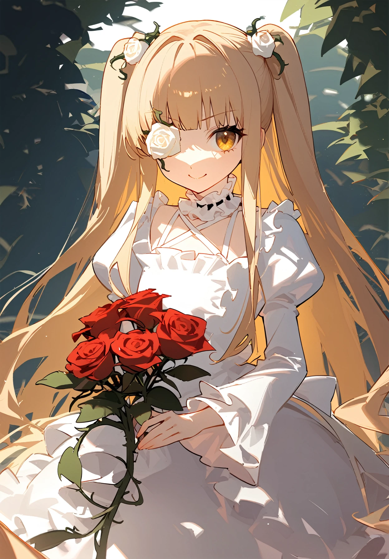 1girl,
kirakishou,
dress, rose, yellow eyes, blonde hair, eyepatch, very long hair, plant, frilled shirt collar, holding flower, red rose, red flower, white dress, two side up, frilled sleeves, vines, v-shaped eyebrows, frills, smile, >:\), juliet sleeves, closed mouth, puffy sleeves, frilled dress, 1011ta fashion, solo, long hair, long sleeves, flower over eye, blunt bangs, cowboy shot, flower, holding, gothic 1011ta, looking at viewer, frilled choker, choker, sidelocks, tsurime,
masterpiece, newest, absurdres, safe
<lora:a31_style_koni:1> <lora:2080ti_ag31_kirakishou-000055:1>