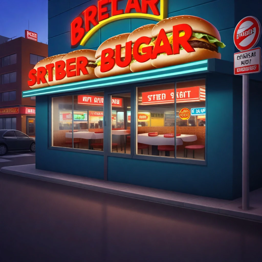 street view, burger restaurant window, neon burger sign above, open