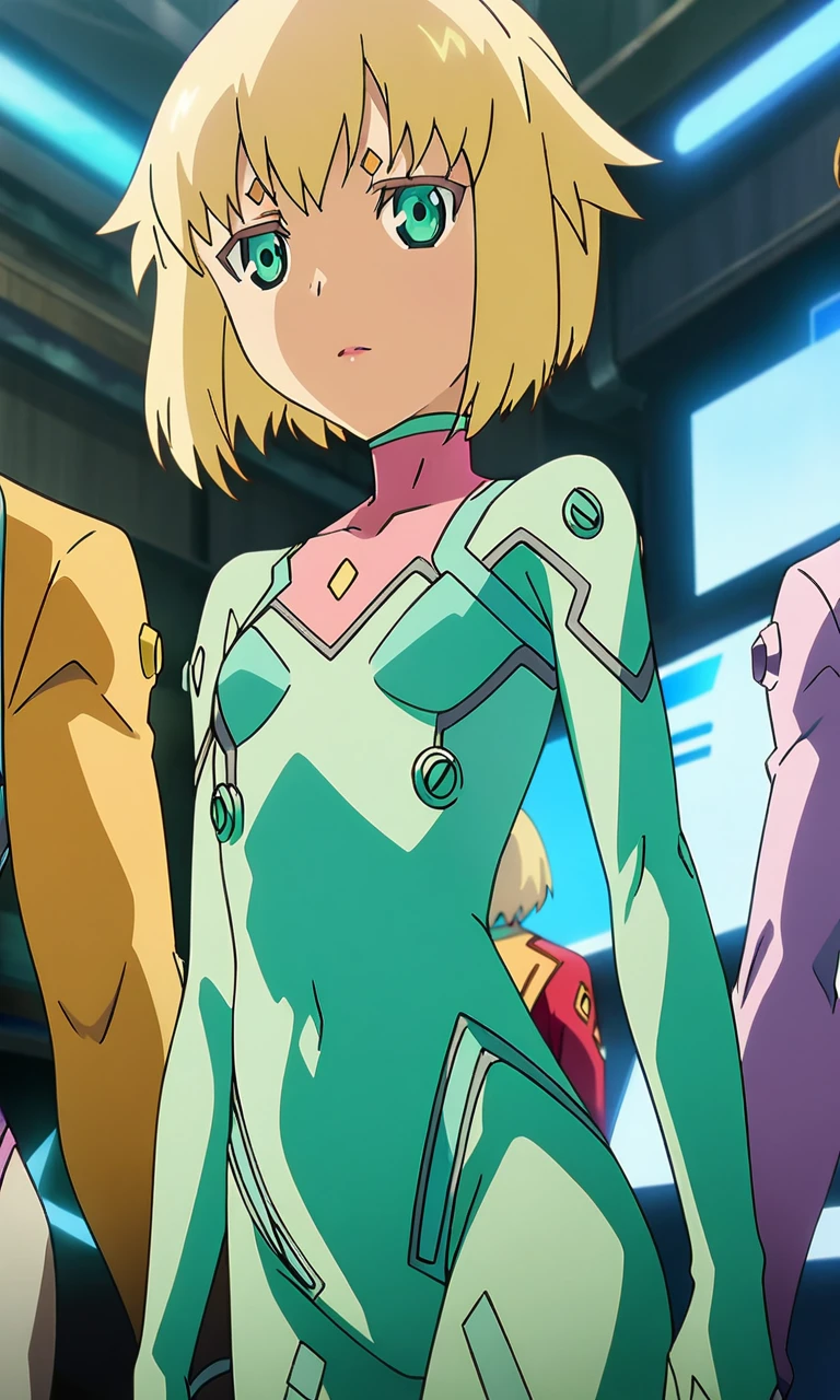 anime artwork juno, 1girl, solo,short hair, blonde hair, lips, green eyes, petite, flat chested,green plugsuit,masterpiece,best quality,8k highres,detailed . anime style, key visual, vibrant, studio anime, highly detailed