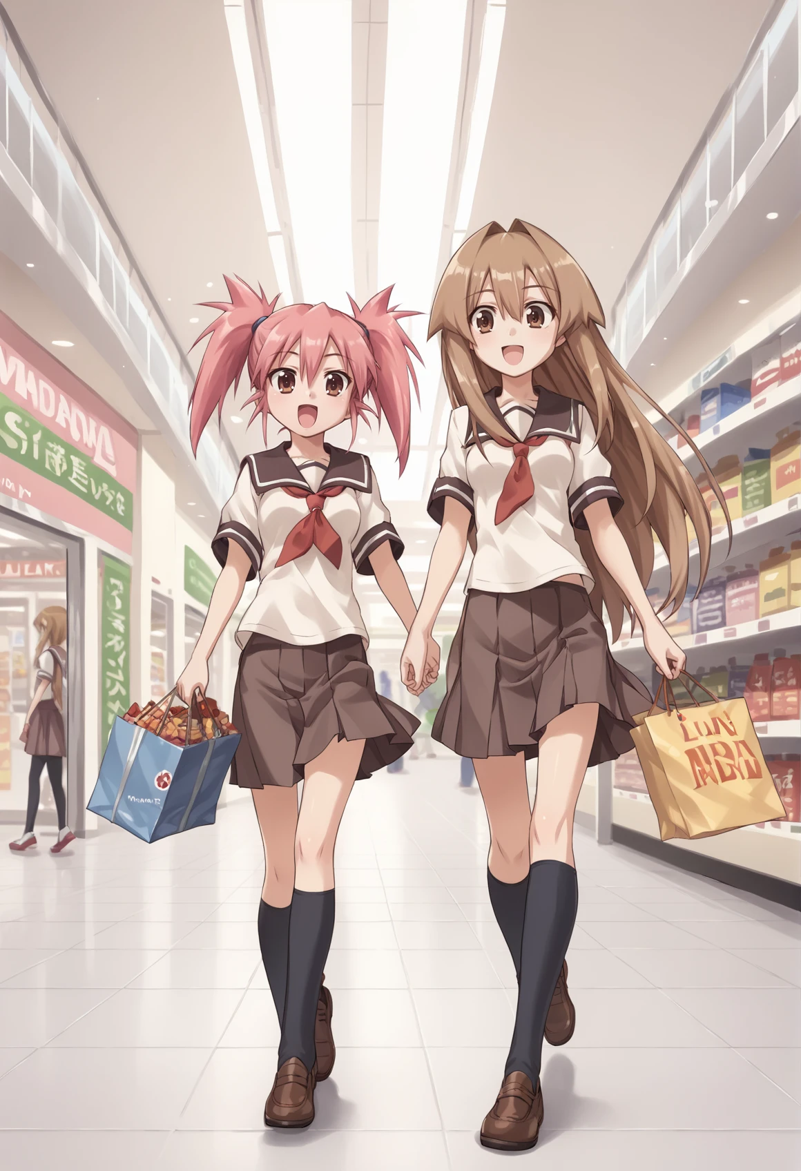 2girls, luna, pink hair, twintails, pink eyes, long hair, brown hair, brown eyes, san, medium breasts, small breasts, height difference, talking, indoors, shopping mall, short sleeves, miniskirt, school uniform, smile, open mouth, walking <lora:LunaSan:1>, score_9, score_8_up, score_7_up, score_6_up, score_5_up, score_4_up, BREAK source_anime, masterpiece