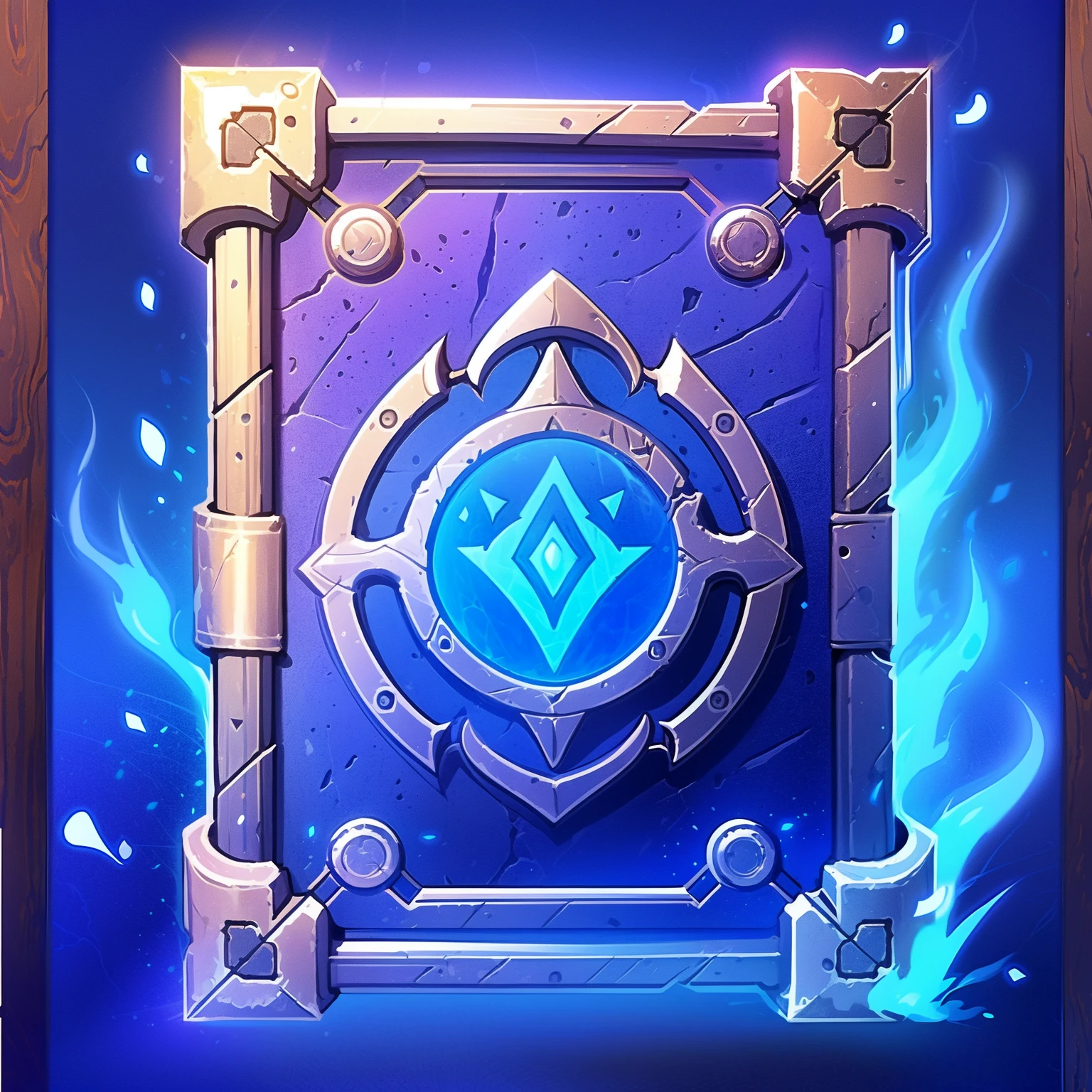 HEZI, game equipment items, ICONS, no humans, blue background, still life, gradient background, gradient, gem, fire, framed, light particles, artist name, border, blue border, glowing, simple background, fantasy, crystal, blue fire, shiny, crack, purple background, flame, solo<lora:æ¸¸æè£å¤éå·2-000007:0.75>,