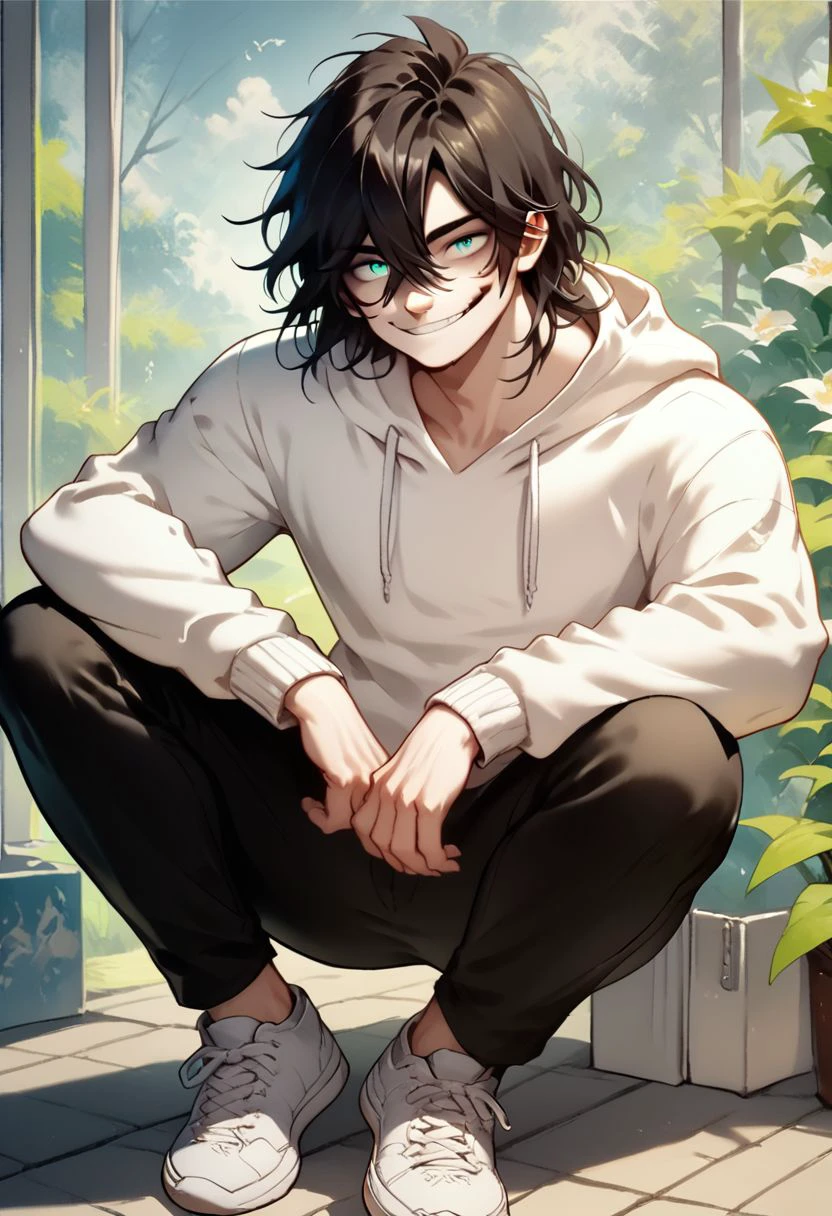 score_9, score_8_up, score_7_up, score_6_up, score_5_up, score_4_up,1boy, white hoodie, long black hair, slit smile, blue eyes, pale skin, black pants, sneakers, hyper detailed, beautiful anime painting