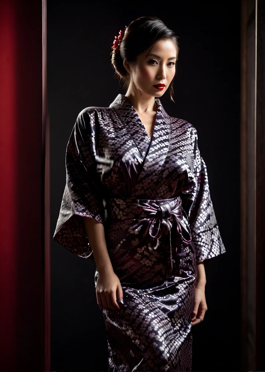 Film noir style, A captivating masterpiece of an woman, full body, dressed in Yukata, The use of high-shine gloss adds a touch of glamour while the deep red and black hues give it a dramatic vibe, studio lighting, look to the camera, background blurred, <lora:MS_Aika_Yumeno_V2_SDXL:0.8>, Monochrome, high contrast, dramatic shadows, 1940s style, mysterious, cinematic
