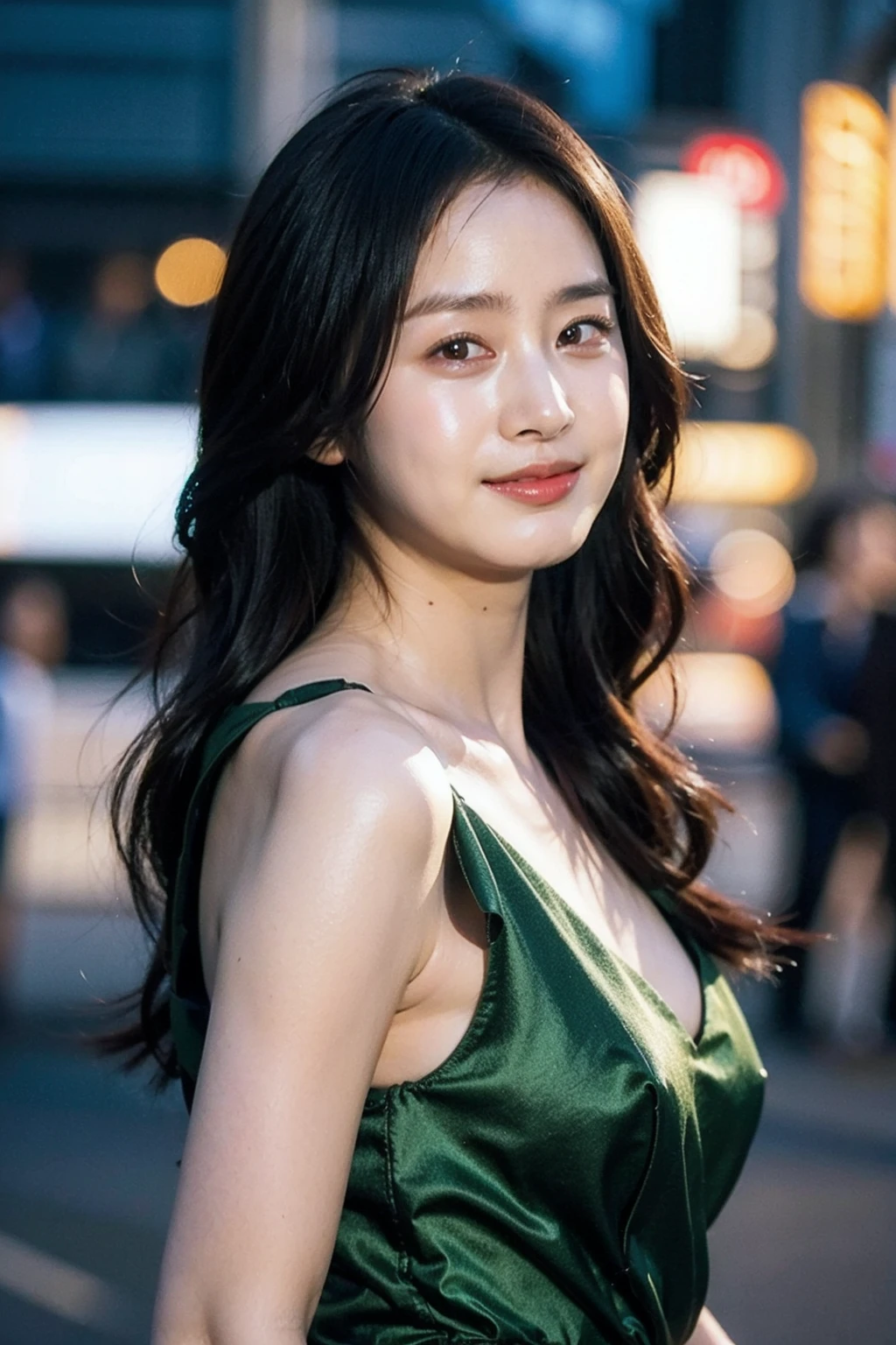 Best quality, masterpiece, ultra high res, (photorealistic), raw photo,1girl, skinny, upper body,solo, realistic, looking at viewer, long hair, bokeh background, city streets,(grin:0.6), formal dress, <lora:makina69_kimtaehee_v1.0:1>