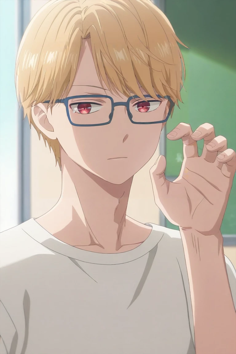 score_9, score_8_up, score_7_up, source_anime, rating_safe, intricate details, (realistic:0.6), looking at viewer, , 1boy, solo, male focus, <lora:eita_sasaki_pony:0.9>, eita_sasaki, blonde hair, red eyes, short hair, bangs, glasses, asymmetrical, school, midnight, claw pose, :D, , <lora:sdxl_lightning_8step_lora:1>