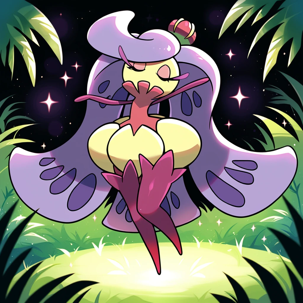 score_9_up, score_8_up, score_7_up, best quality, masterpiece, source_anime, soft shading, black background, jungle, grass, palm trees, rocks, moss, sparkles, BREAK 1girl, solo, tsareena, pokemon_(creature), shiny pokemon, flora fauna, purple hair, long hair, yellow head, eyelashes, pink eyeshadow, purple eyes, purple boots, wide hips, dancing, eyes closed, <lora:PDXL_Tsareena_PKMN:0.9>