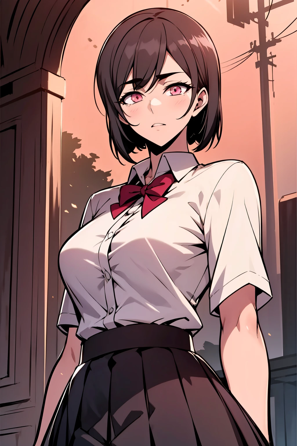 masterpiece, best quality, 1girl, <lora:Baek_Seolin-000008:0.8> thg-seolin, short hair, black hair, [pink eyes], school uniform, white shirt, pleated skirt, upper body, cowboy shot