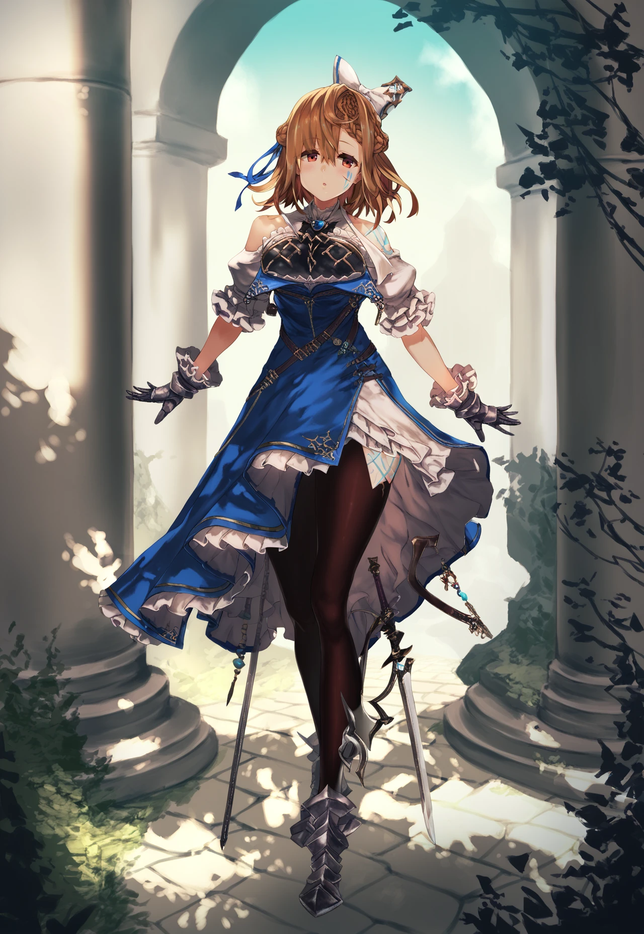 asanagi, (score_9, score_8_up, score_7_up, :1.2)  detailed, highres, absurdres, a girl standing outdoors,  1girl,  outdoors,  solo, standing, looking at viewer, pose,  hands,  full body, 
dress, bow, frills, hair bow, hair between eyes, puffy sleeves, short sleeves, black pantyhose, breasts, long hair, gloves, white bow, braid, bangs, armored dress,frilled dress, puffy short sleeves, medium breasts, breastplate, medium hair, brown pantyhose, facial mark,facial tattoo, belt, brooch, ribbon, jewelry, knight, frilled sleeves, hair ornament, skirt, shoulder armor, fantasy, white shirt, pelvic curtain, shirt, feet out of frame, blue bow, hair ribbon,
rating_safe   <lora:sdxl_asanagi_v1:0.5>    <lora:MaishaPonyTest:1>