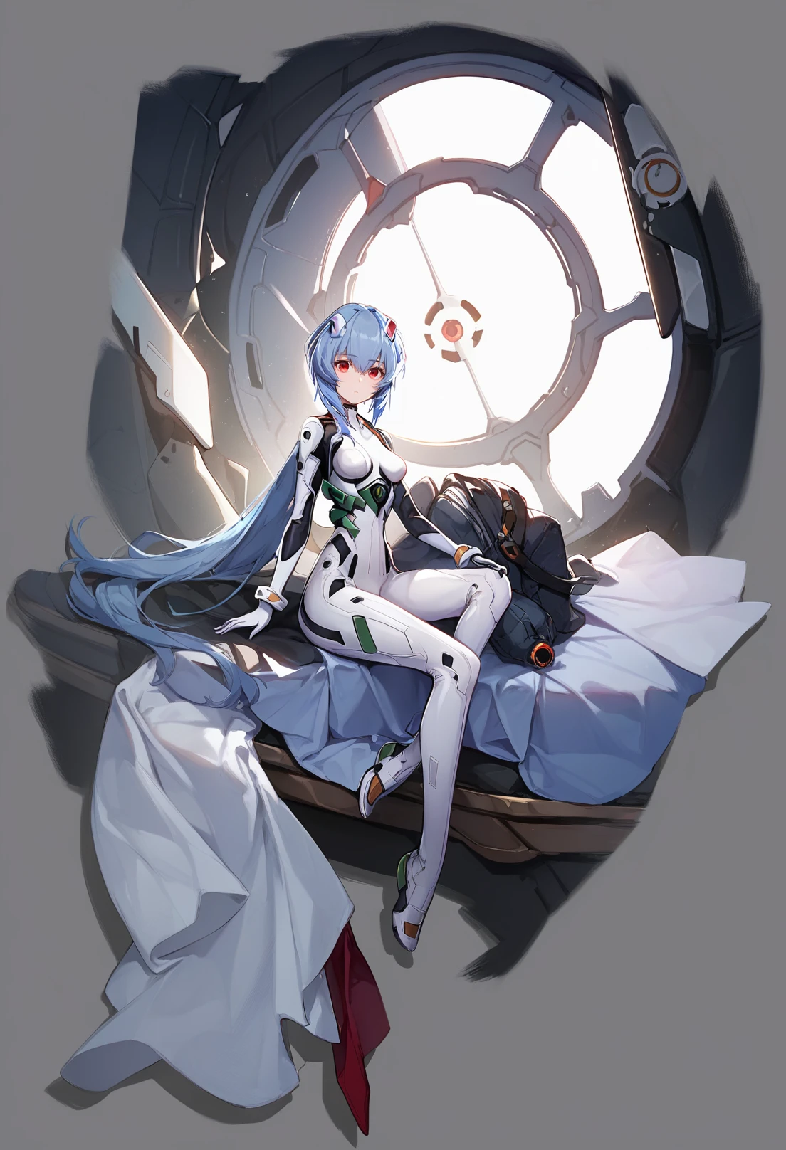 grey background, score_9, score_8_up, score_7_up, score_6_up, <lora:GachaMihoyoXL_P6_lokr_V4239:0.95> 1girl, solo, long hair, ayanami rei, blue hair, plugsuit, bodysuit, black background, white bodysuit, looking at viewer, simple background, very long hair, red eyes, sitting, breasts, full body, pilot suit, interface headset, hair between eyes, closed mouth, medium breasts, hair ornament, expressionless, science fiction