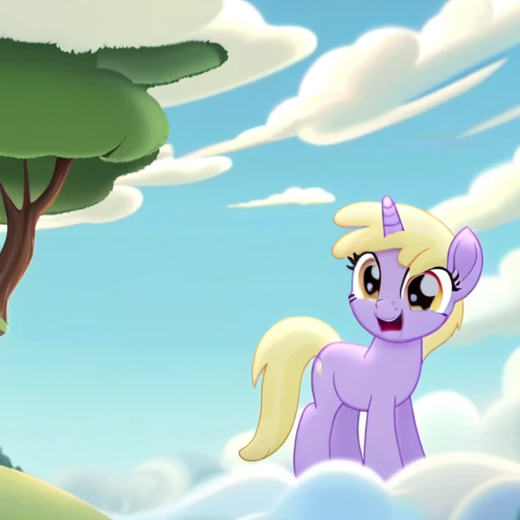 safe, solo, dinky hooes, pony, filly, standing, unicorn, cute, grass, tree, sky, clouds, my little pony: the