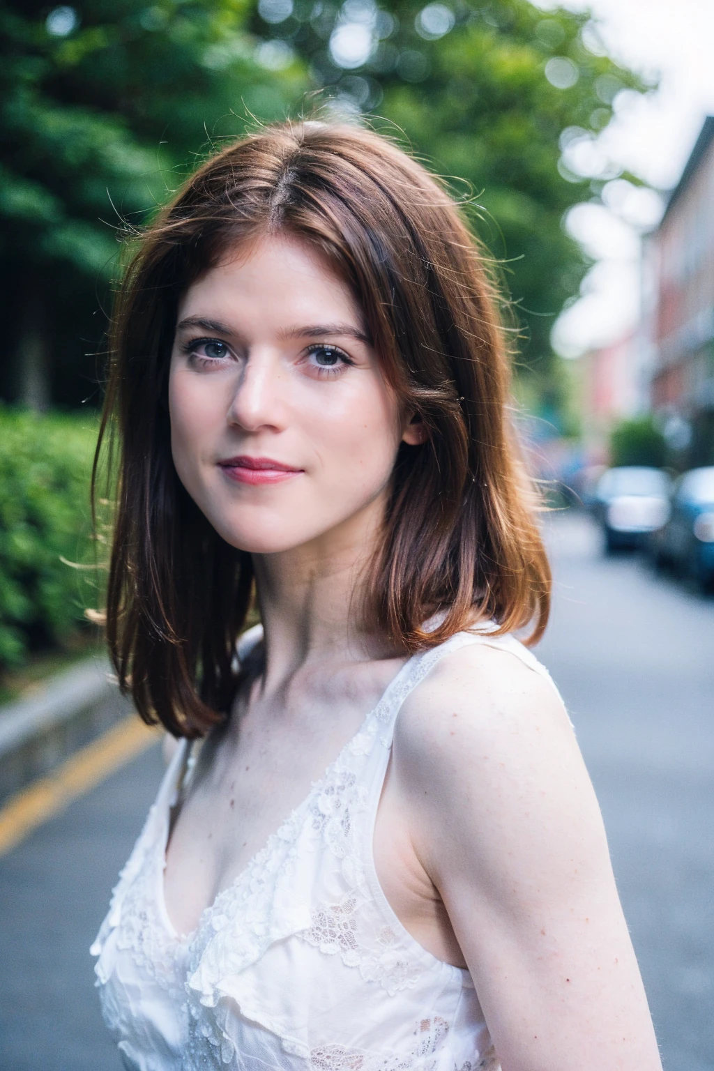 1girl,realistic,best quality,medium breasts:1.3),smile,(picturesque:1.3),dress,(upper_body:1.2),<lora:Rose Leslie:0.9>,(brown hair:1.2),