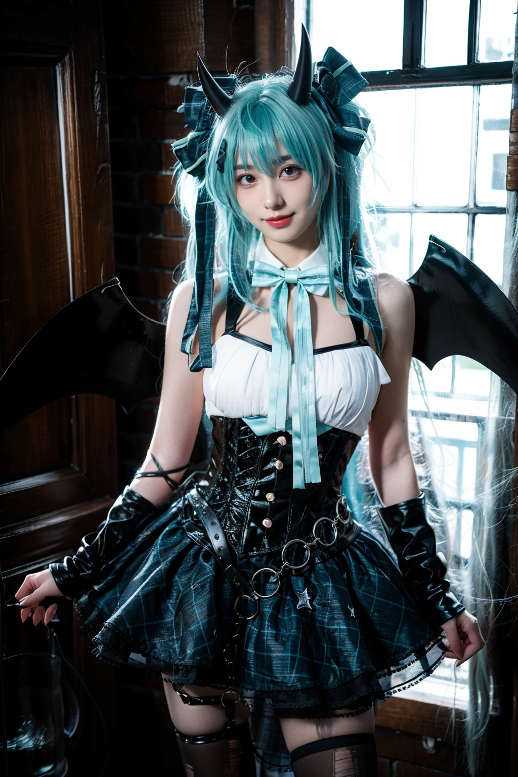 best quality, masterpiece, realistic, photorealistic, 1girl, solo, looking at viewer, smile, standing, cowboy shot, hatsune miku cosplay costume, hatsune miku, cosplay, aqua hair, very long hair, twintails, shirt, corset, skirt, plaid skirt, detached collar, detached sleeves, arm warmers, bowtie, bow, horns, demon horns, demon wings, demon tail, ribbon, o-ring, chain, thigh strap, hair ribbon, hair bow, thighhighs, torn thighhighs, castle, night, moon, <lora:miku_cosplay_Villains_v1:0.75>, <lora:Background Detail Enhanced_Si_v3.0:1.5>