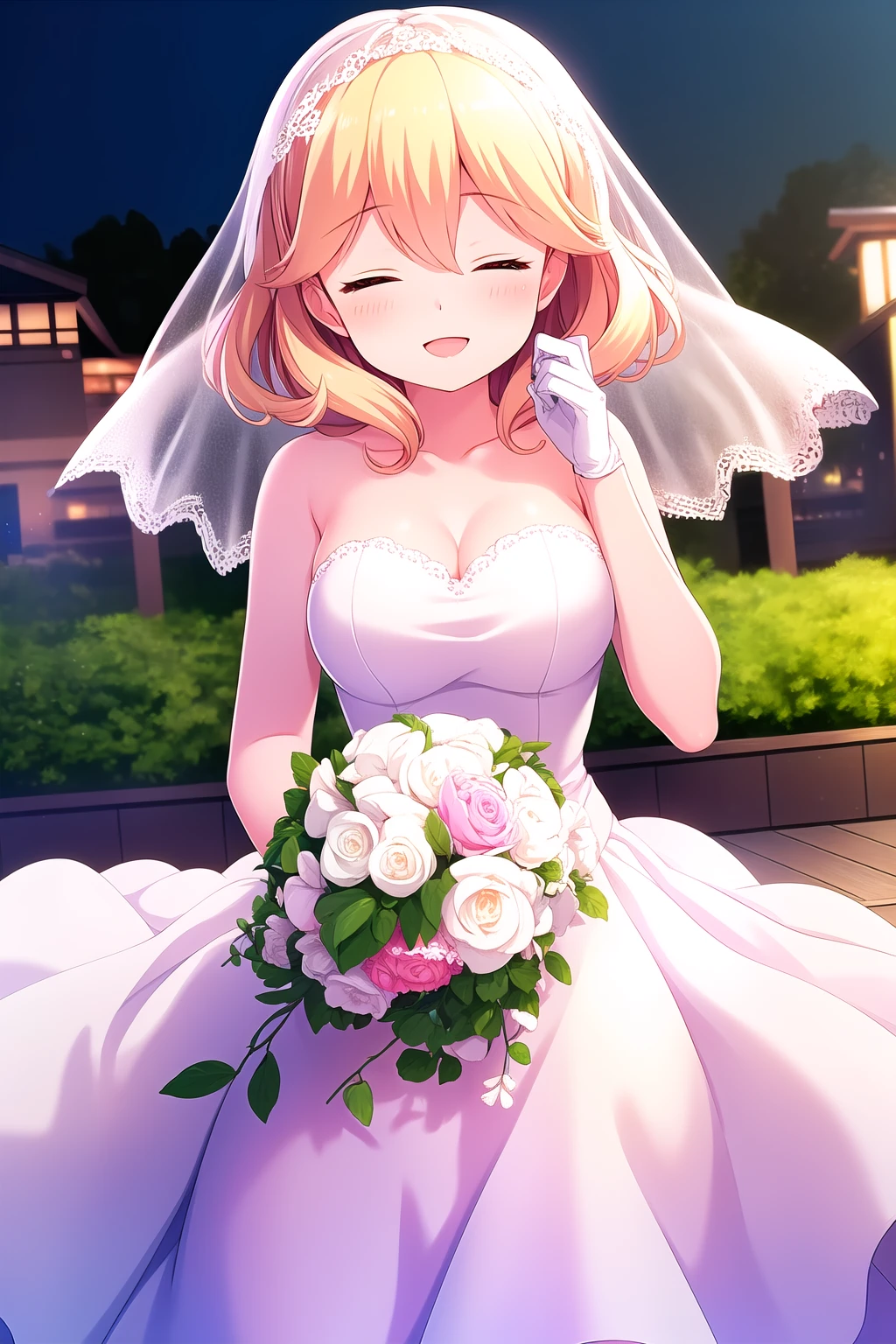 (masterpiece, best quality), highly detailed background, perfect lightingbest quality, ukihashiasuka, solo, outdoors, bridal veil, blonde hair, hair between eyes, wavy hair, medium hair, closed eyes, medium breasts, wedding dress, white dress, white gloves, frilled skirt, smile, open mouth, ^o^, pink lips, <lora:Ukihashi-Asuka:0.7>