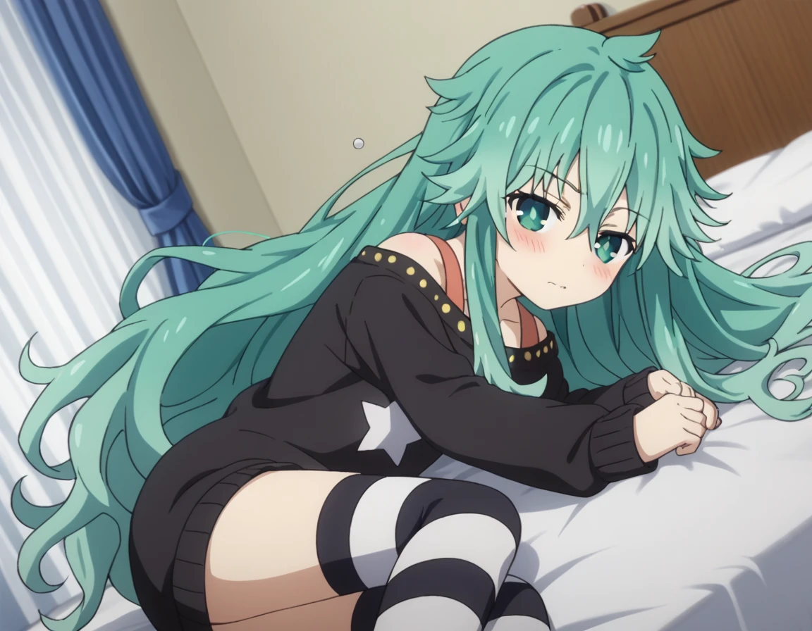score_9, score_8_up, score_7_up, source_anime,
natsumikyouno, <lora:natsumi-kyouno-s4s5-ponyxl-lora-nochekaiser:1>,
natsumi kyouno, long hair, very long hair, green hair, aqua hair, green eyes,
thighhighs, long sleeves, striped, star \(symbol\), sweater, striped thighhighs, star print,
indoors, bed, bed room, on side, blush, drunk,
looking at viewer, solo, cowboy shot, dutch angle,