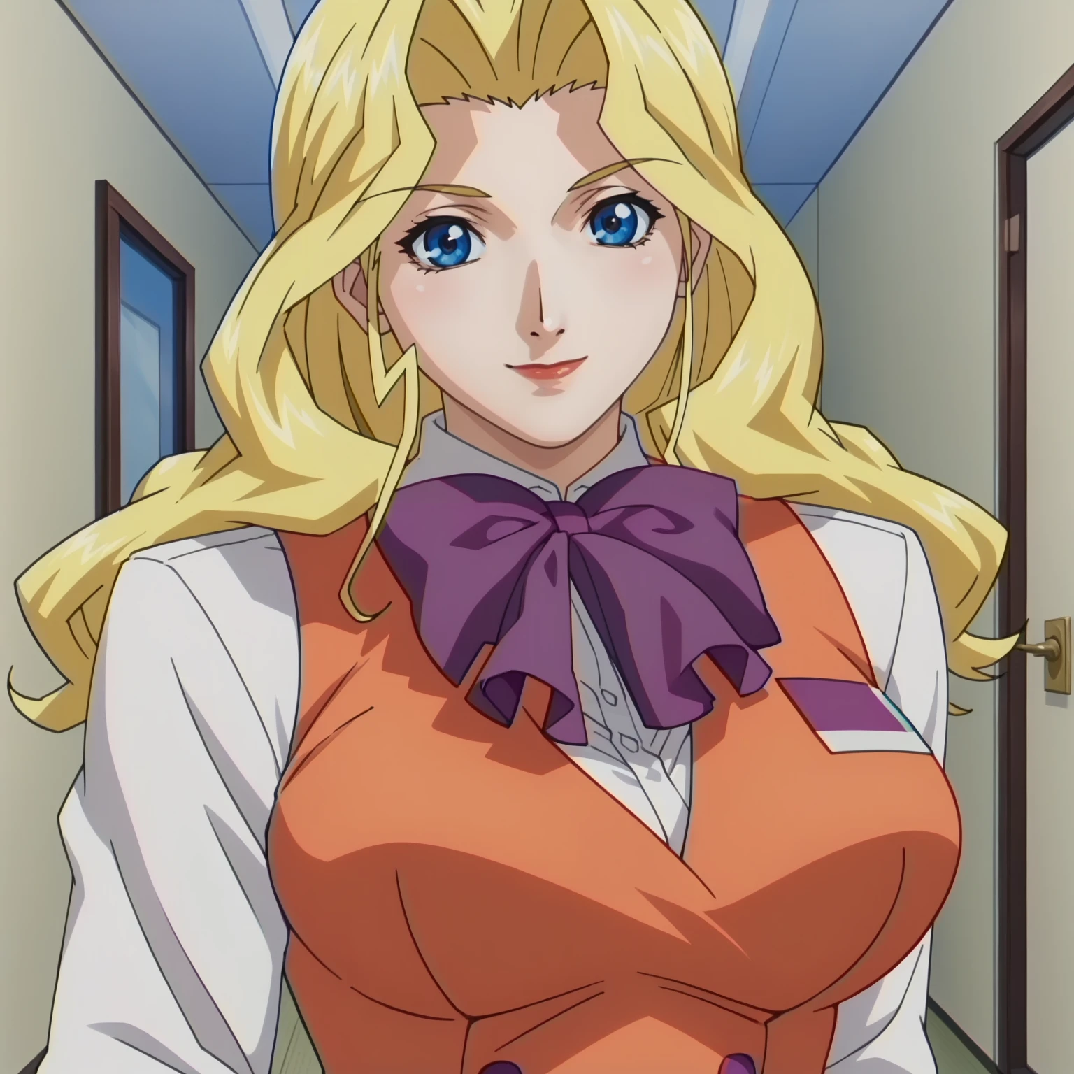 <lora:AliceNonoyamaXLpony001>,
smile,
solo,
AliceNonoyama,1girl,blonde hair,long hair,blue eyes,large breasts,
purple bowtie,white shirt,long_sleeves,orange vest,