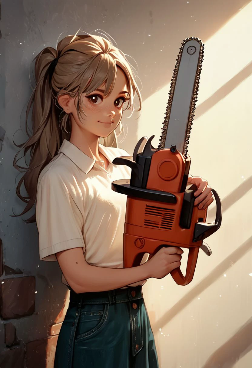cute girl holding chainsaw, score_9, score_8_up, score_7_up, score_6_up, score_5_up, score_4_up,