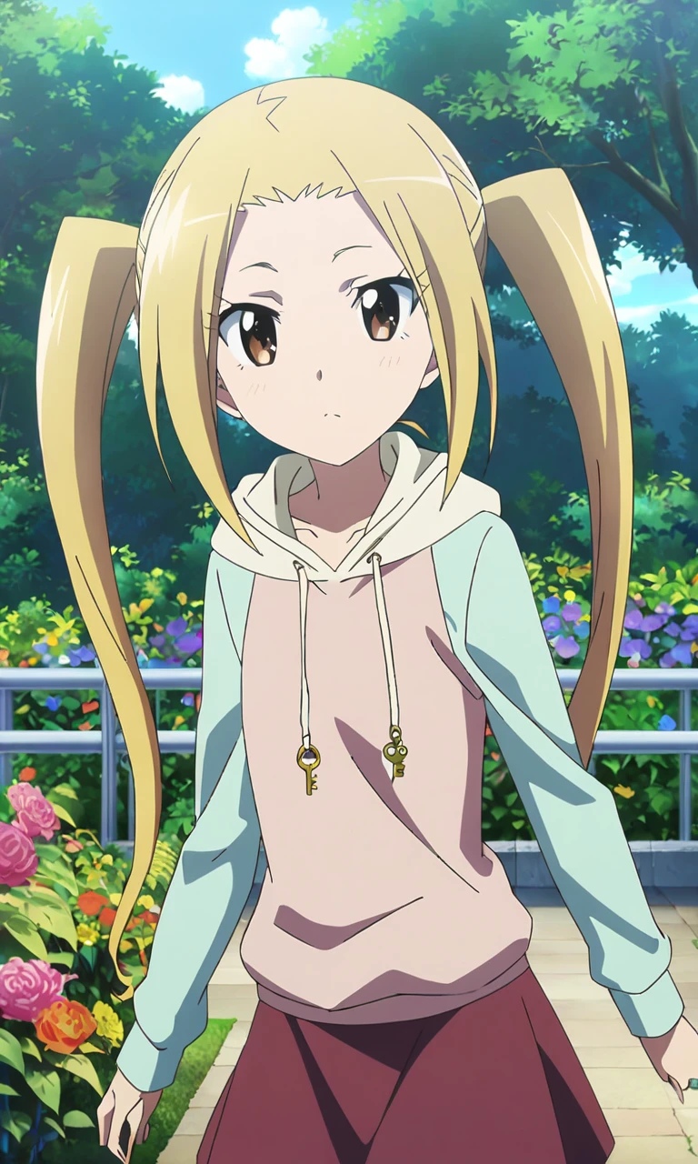 anime artwork hagimura suzu, 1girl, long hair, blonde hair, twintails, brown eyes, petite, flat chested, casual clothing, skirt, hoodie,garden,masterpiece,best quality,8k highres . anime style, key visual, vibrant, studio anime, highly detailed