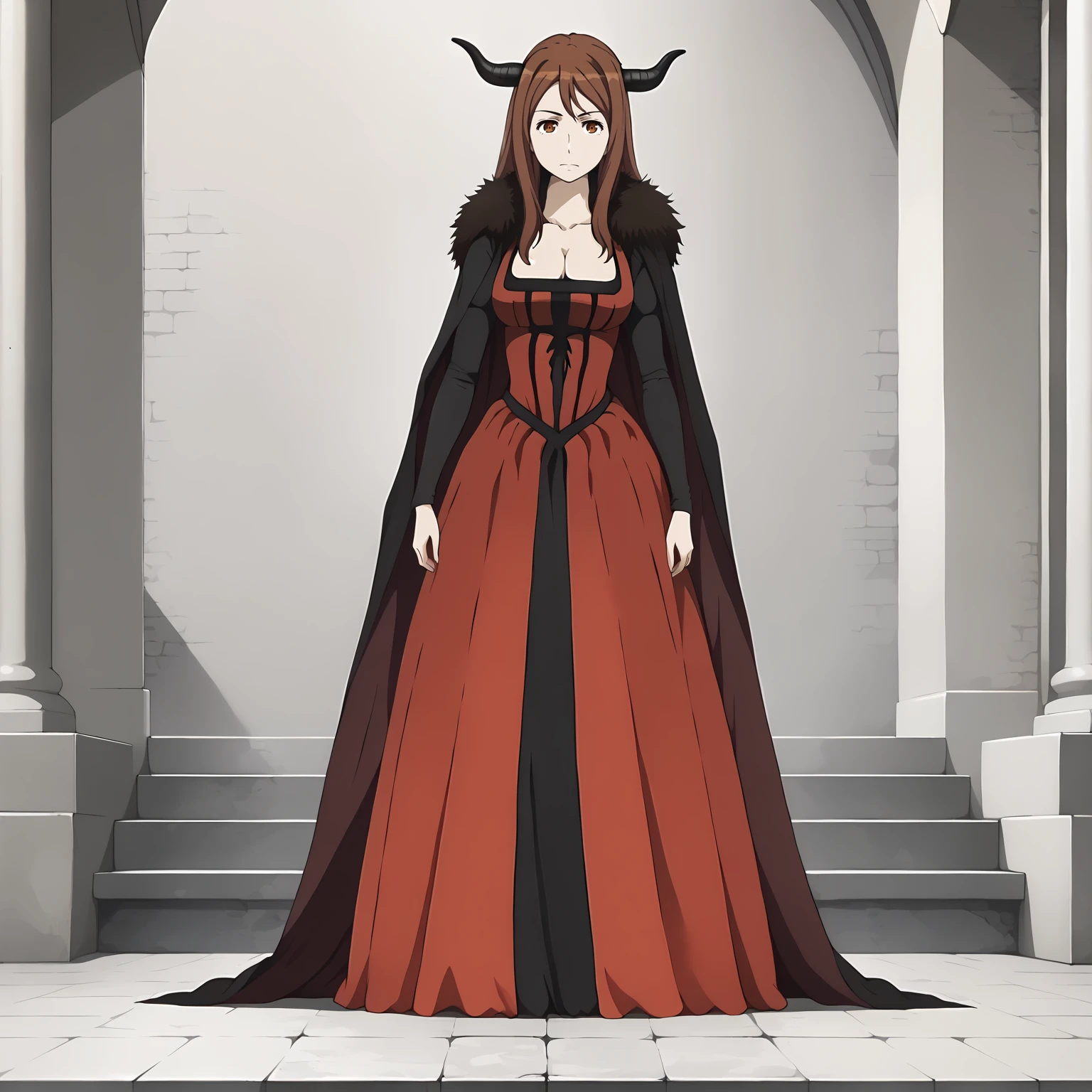 <lora:MaouXLpony002>,
solo,
Maou,1girl,brown hair,demon horns,long hair,brown eyes,
dress,fur,cleavage,cape,
full body,standing,