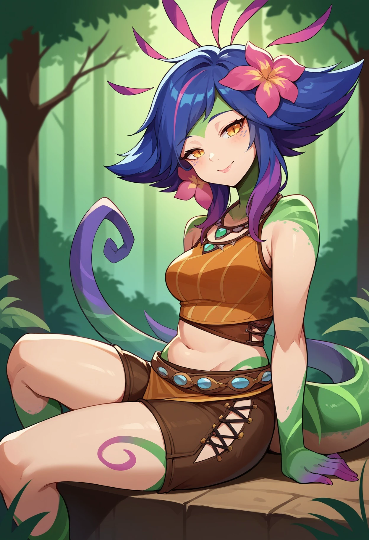 score_9, score_8_up,score_7_up,score_6_up, source_anime, iris
BREAK
n33ko,
colored skin,green skin,hair ornament,hair flower,multicolored hair,lizard tail, medium breasts,mature,
crop top,midriff,brown shorts,necklace,loin cloth,belt,
smiling, sitting, from side, half closed eyes, head tilt, forest,
<lora:Neeko_potat-v5:0.95>,