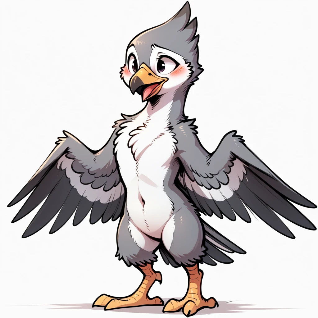 avian, solo, bird, wings, beak, open mouth, simple background, blush, anthro, hi res, grey body, white background, standing, featureless crotch, toes, feet, nude, ambiguous gender, feral, digital media (artwork), 4 toes, white body, biped, navel, full-length portrait, multicolored body, pink tongue, 3 toes <lora:ksm_1.0Pony:1> <lora:Pony_QualityV4.0:1>