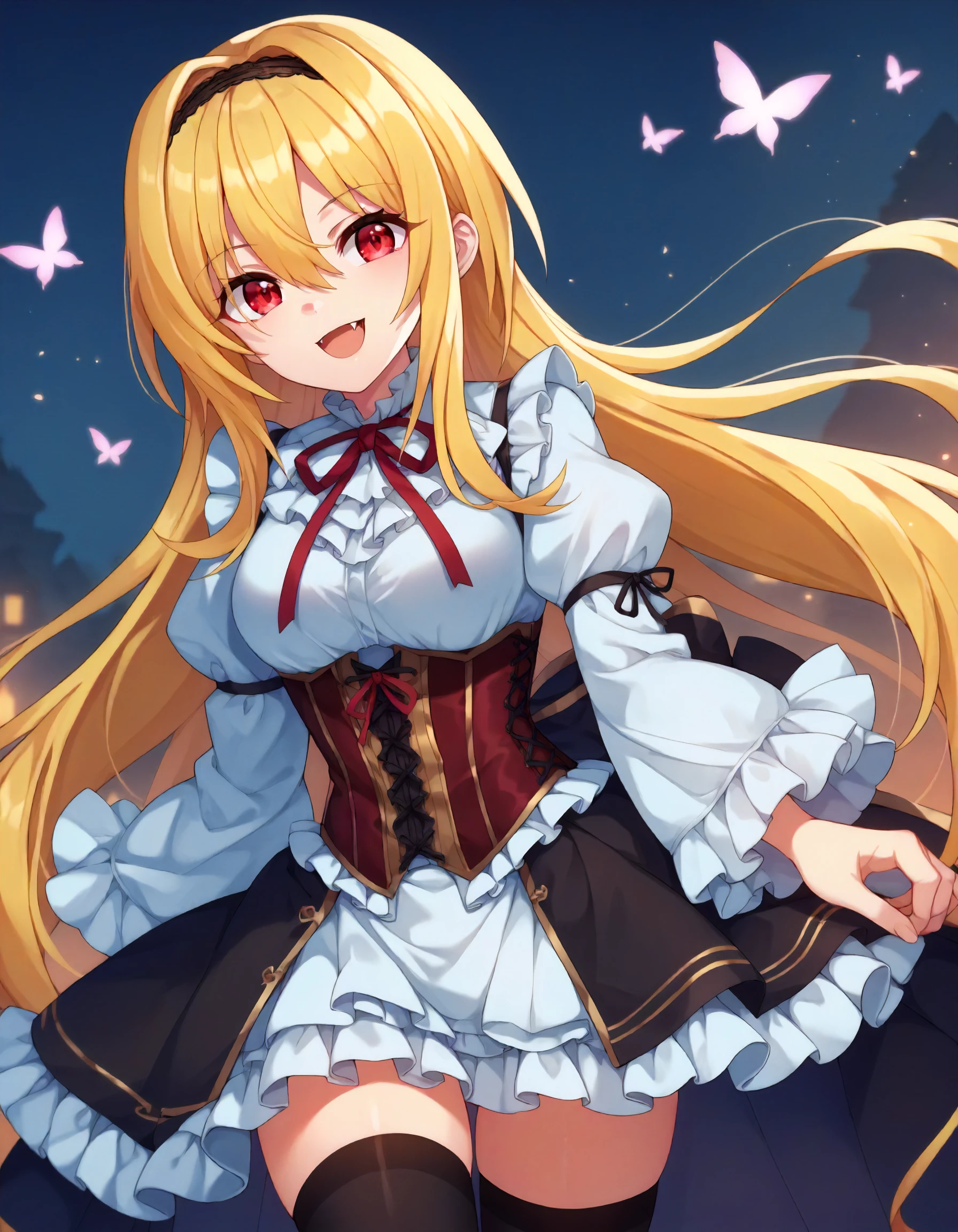 score_9, score_8_up,score_7_up,1girl,solo,cowboy shot,looking at viewer,
<lora:kurosakichitose_ponyXLV6:0.7>,cgkct,red eyes,blonde hair,very long hair,hair between eyes,
smile,open mouth,fangs,black hairband,frills,neck ribbon,white shirt,long frilled sleeves past wrists,
corset,black miniskirt with frills,zettai ryouiki,black thighhighs