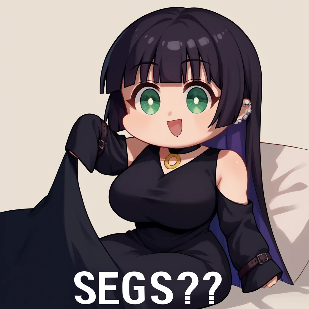 score_9, score_8_up, score_7_up, source_anime, Seggs, chibi, open mouth, smile, english text, <lora:Seggs_XLPD:1.1>, <lora:Hoseki_BTR_Pasan_PDXL_v1:1> pasan, large breasts, ear piercing, chin piercing, hime cut, choker, black dress, shoulder cutout, sleeves
