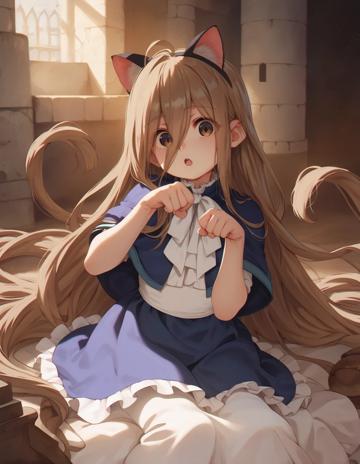 score_9,score_8_up,score_7_up, a girl sitting, castle, paw pose, open mouth, fake cat ears,
 <lora:alkemanubis_style_pony6_v3-000036:.8> <lora:sense_sousou no frieren_PONY_last:0.6> sense \(sousou no frieren\),brown eyes,very long hair,absurdly long hair,hair between eyes,eyes visible through hair, blue capelet,frilled dress,white long dress