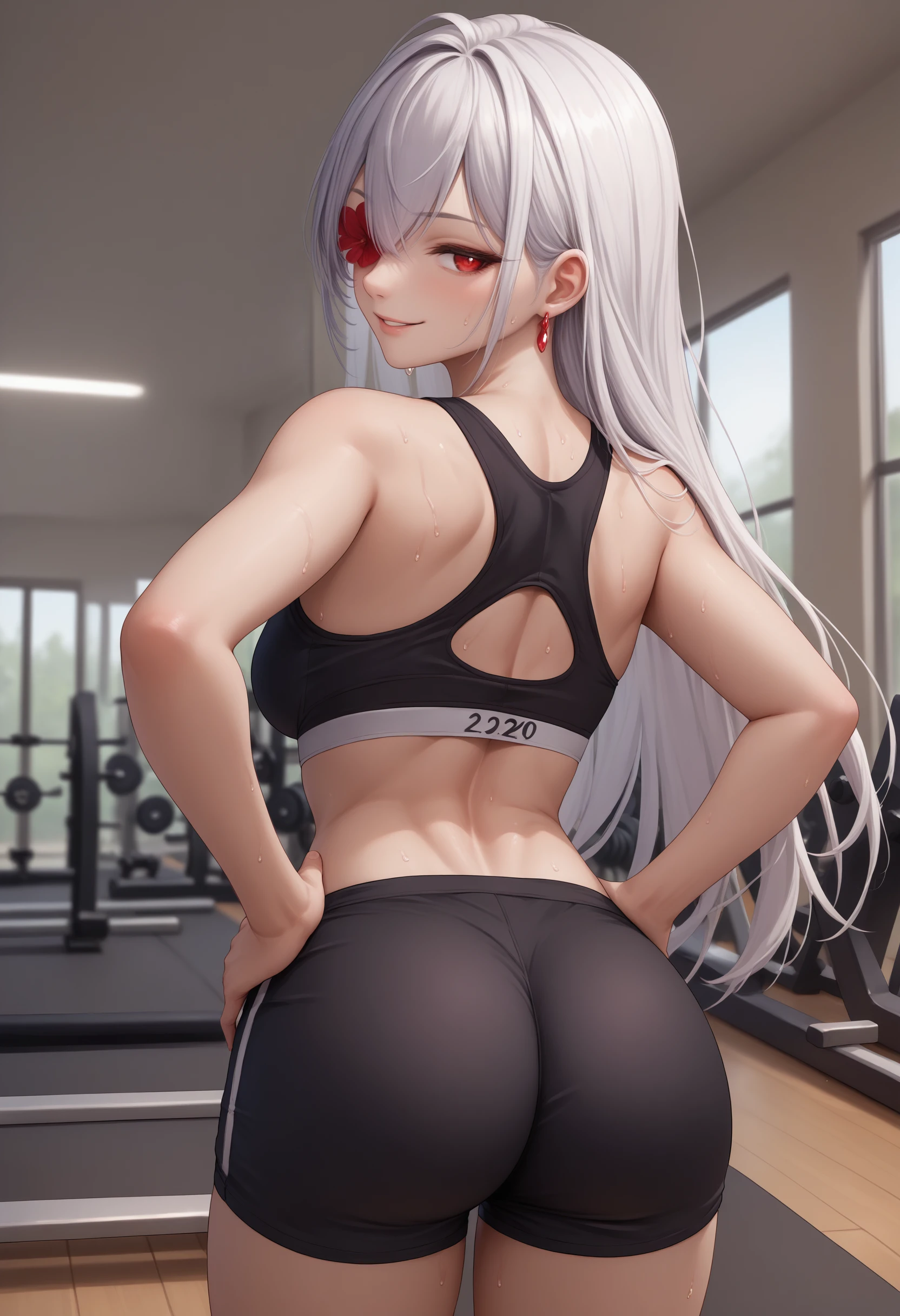 score_9, score_8_up, score_7_up, source_anime, <lora:Emden_XLPD:1>, EmdenAlterEgo, red eyes, flower over eye, white hair, bangs, long hair, jewelry, earrings, sports bra, from behind, hands on own hips, seductive smile, looking back, sweat, indoors, gym, black sports bra, black shorts,