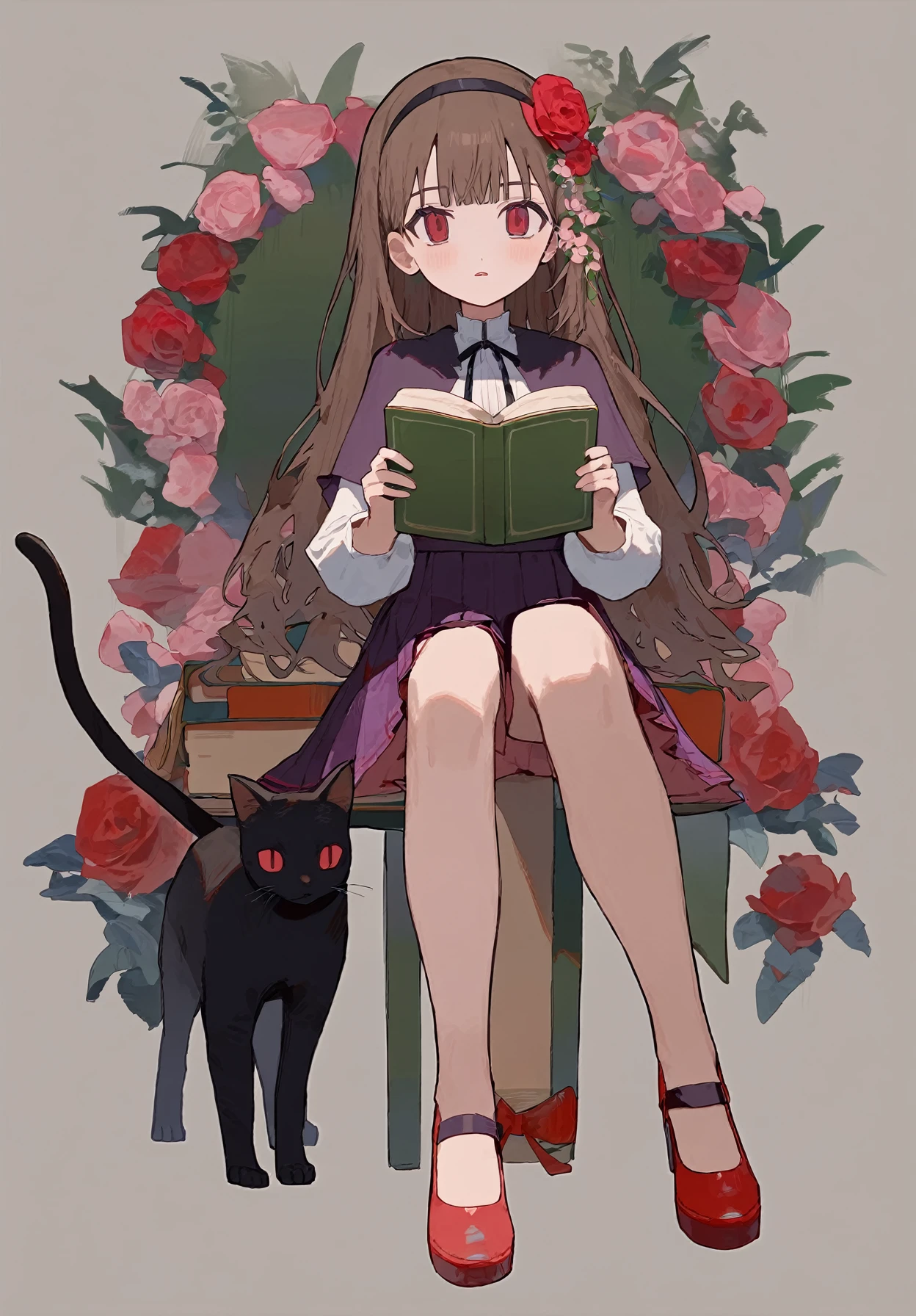 1girl,
original,
cha goma,
red eyes, long hair, purple skirt, open book, red footwear, high heels, solo, hair ornament, looking at viewer, capelet, bare legs, black cat, hairband, full body, cat, parted lips, holding, red flower, animal, shoes, shirt, skirt, flower, brown hair, white shirt, pleated skirt, hair flower, rose, holding book, red rose, book, sitting, pink flower,
masterpiece, best quality, newest
<lora:cha_goma_image146_2024-03-28_a31:1>