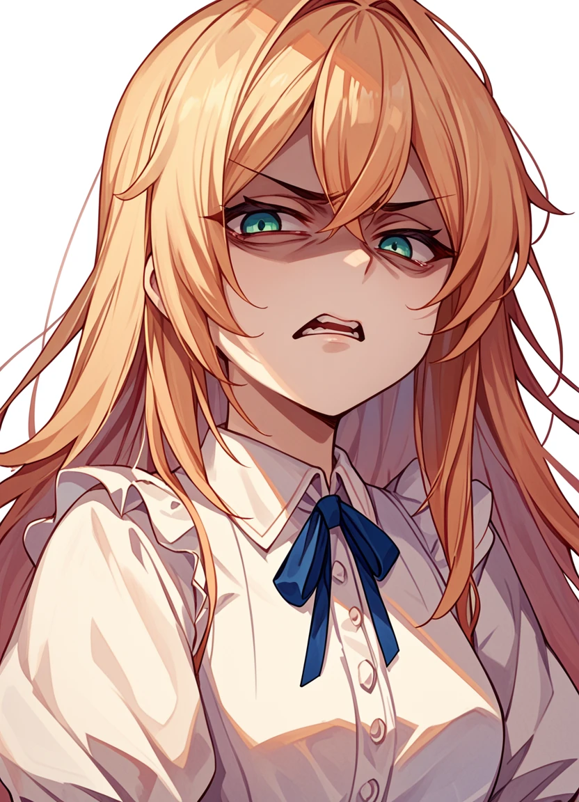 score_9,score_8_up,score_7_up,score_6_up, source_anime, <lora:disgusted_face_xl_goofy:1>  disgusted face, solo, 1girl, looking at viewer,  disgust, dress, upper body,  white background ,   long hair, hair pulled back,shaded face,