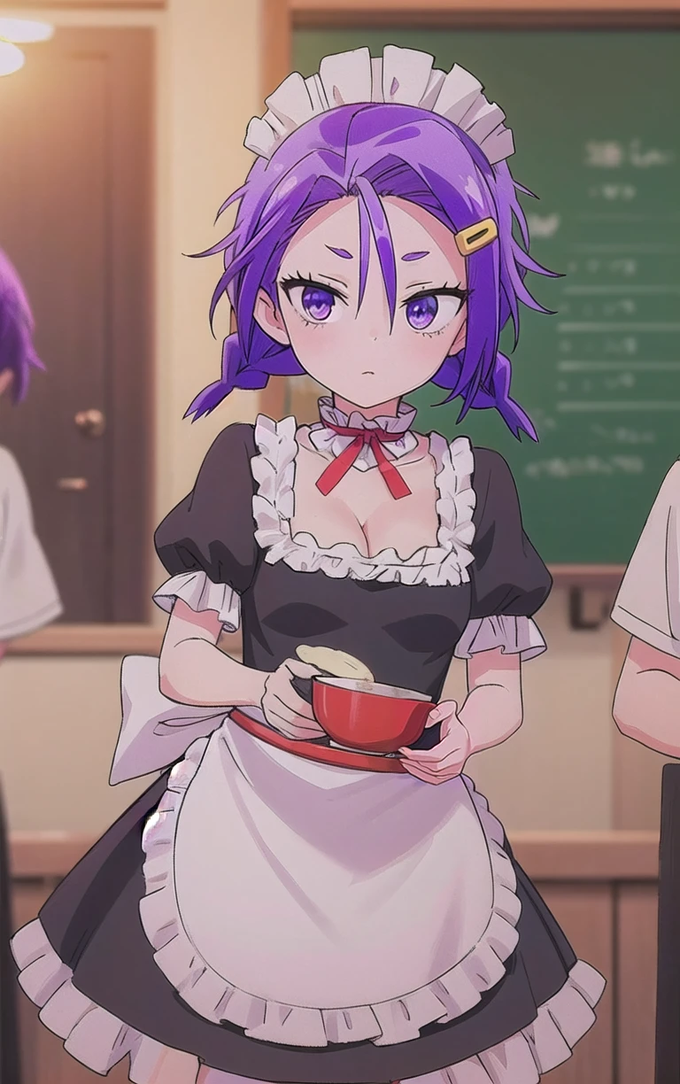 Maid_WeNeverLearn_AsumiKominami_ownwaifu,
1girl, purple hair, purple eyes, hair ornament, maid headdress, hairclip, short hair,  twin braids, hair between eyes, twintails, breasts, small breasts, short twintails, collarbone, 
enmaided, frills, maid apron, cleavage, choker, black thighhighs, puffy short sleeves, black dress, waist apron, frilled choker, 
<lora:ANIME_WeNeverLearn_AsumiKominami_ownwaifu:0.7> ,
((masterpiece)),((best quality)),(highres), bokeh, depth_of_field, scenery, spotlight, focused, looking at viewer, solo,