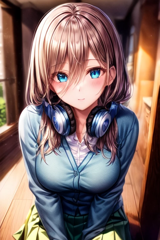 (masterpiece:1.2), best quality, high resolution, unity 8k wallpaper, (illustration:0.8), (beautiful detailed face:1.2, beautiful detailed eyes:1.2), perfect lighting, extremely detailed CG, (perfect hands, perfect anatomy),
Cute, beautiful, charming lady, shiny hair, lustrous skin, beautiful light big eyes,
milf, married woman, soft With a gentle appearance and a gentle mother-like atmosphere,
Feminine style, beautiful kubire, beautiful, naughty face,
<lora:ä¸é ä¸ç Miku Nakano (The Quintessential Quintuplets):0.8>, miku_a, long hair, brown hair, blue eyes, hair between eyes, large breasts, headphones, headphones around neck, school uniform, long sleeves, blue cardigan, shirt, white shirt, green skirt, pantyhose, black pantyhose, dark brown loafers, , <lora:add_detail:1.0>