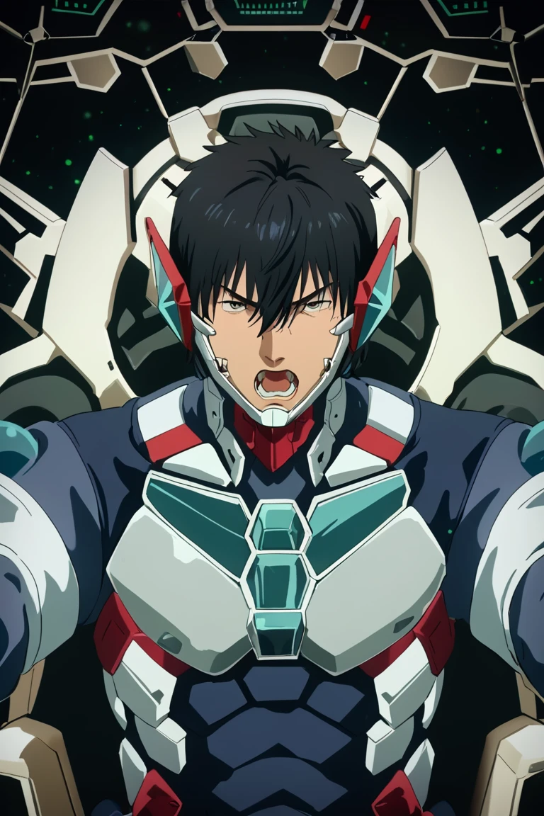 score_9,score_8_up,score_7_up, solo male, Isami Ao \(Brave Bang Bravern\), black hair, (bangs, hair between eyes:1.5), brown eyes, sanpaku, constricted pupils, Bang Bravern bodysuit, Mandible Guard, mecha cockpit, (upperbody), from front, mature, handsome, charming, alluring, masculine, serious, mad, intense eyes, v-shaped eyebrows, open mouth, shout, look at viewer, sitting, (outstretched arms), huge industrial mecha, mecha cockpit, operator's seat, throttle, joystick, seatbelt, multiple monitor screen, perfect anatomy, perfect proportions, best quality, masterpiece, high_resolution, (symmetrical picture, front view), photo background, science fiction, mecha, multiple monitors, cinematic, war, mecha, robot, cinematic still, emotional, harmonious, vignette, bokeh, cinemascope, moody, epic, gorgeous, inside the mecha<lora:EMS-369096-EMS:0.800000>