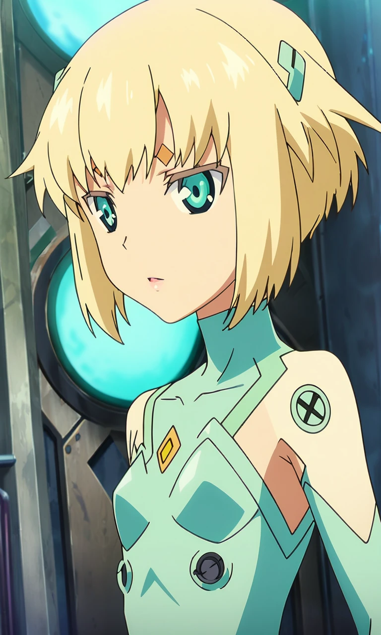 anime artwork juno, 1girl, solo,short hair, blonde hair, lips, green eyes, petite, flat chested,green plugsuit,masterpiece,best quality,8k highres,detailed . anime style, key visual, vibrant, studio anime, highly detailed
