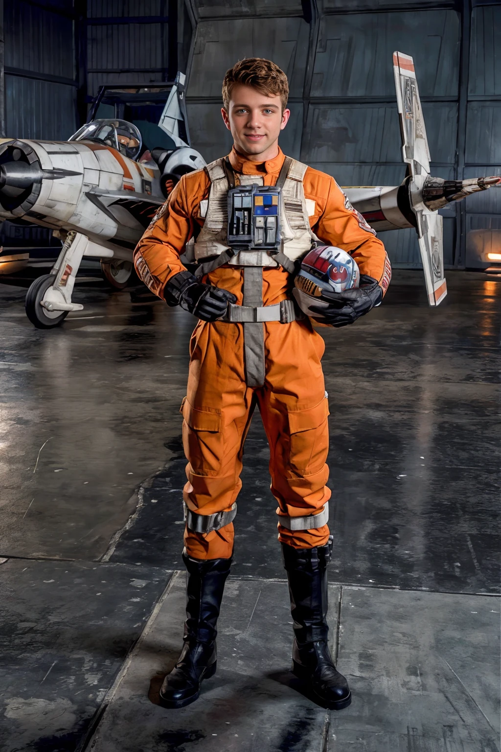 Star Wars, hangar of rebel base, standing in front of X-Wing fighter, SebastianKross, rebel pilot suit, slight smile, holding helmet, (((full body portrait))), wide angle, <lora:SebastianKross-v2:0.8>  <lora:RPSV3:0.55>