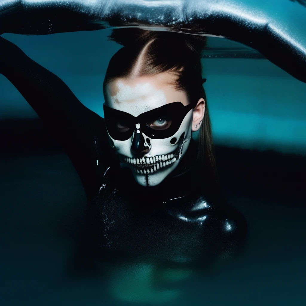 portrait, black choker, partially submerged, necklace, skull mask, motor vehicle, mouth hold, looking at viewer, ponytail