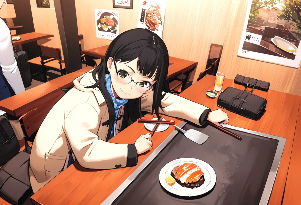best quality, ultra-detailed, illustration,
1girl, solo, glasses, black hair, long hair, duffle coat, black bag, smile, looking at viewer, solo focus, sitting, across table,
Teppan, chair, scenery, plate, indoors, still life, table, scnery, kote, wooden table
<lora:col_xl:0.8> <lora:okonomiyaki_SDXL_V1:1>