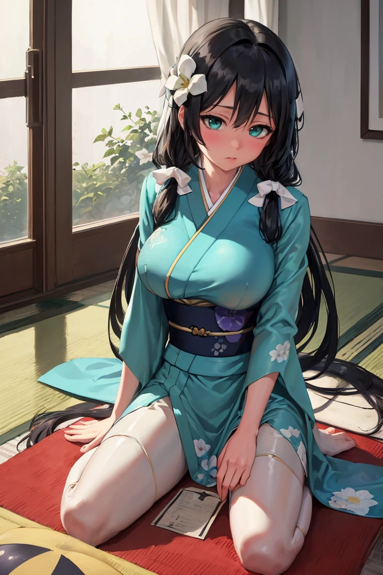 masterpiece, best quality, absurdres, 1girl, solo, MimoriTougouHeroSuit, long hair, headpiece, indoors, kimono, hair flower, floral print, wariza, kneelings, <lora:MimoriTougouHeroSuit:1>