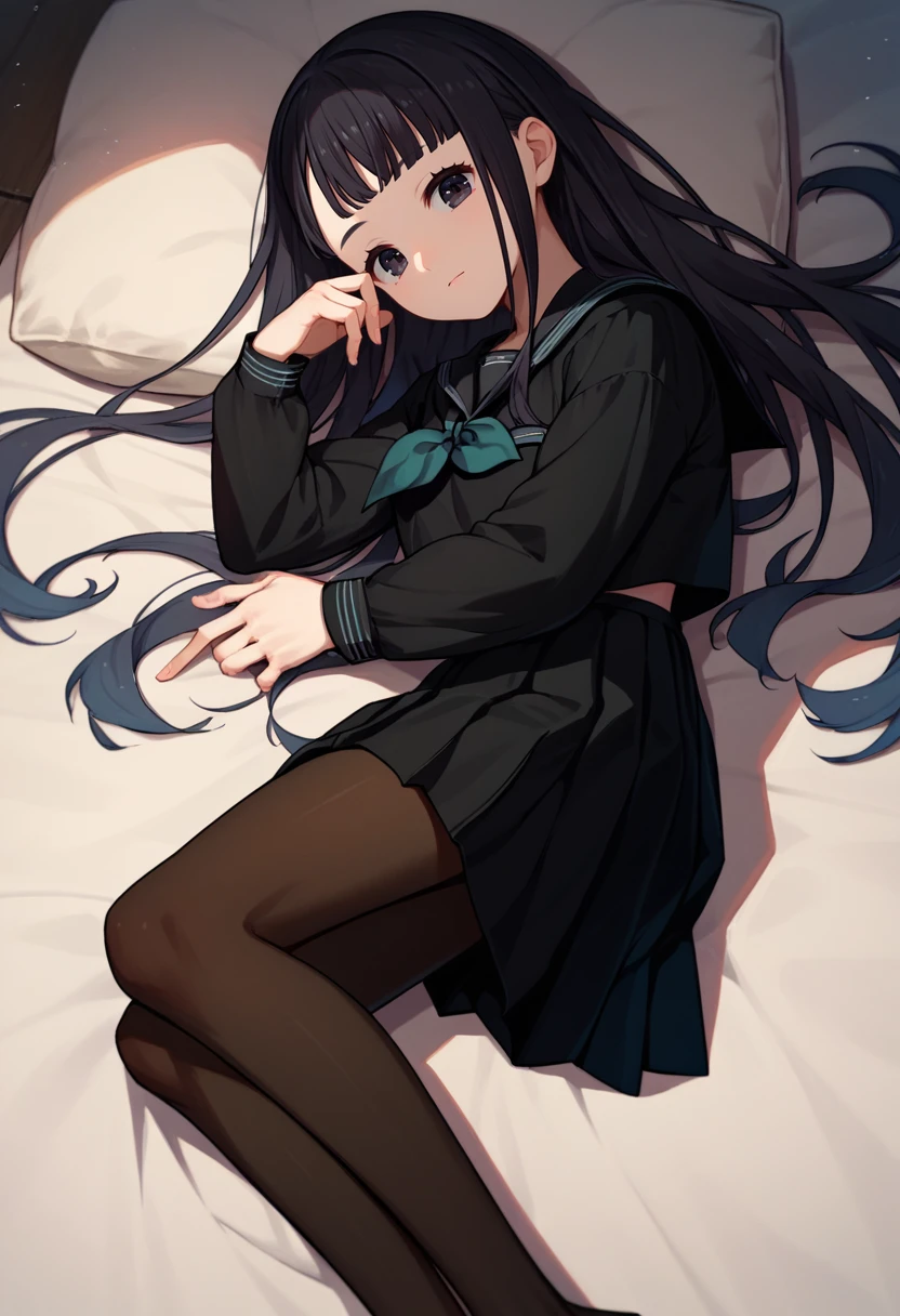 score_9, score_8_up, score_7_up, 1girl, Rinne, necktie, black serafuku, black skirt, black pantyhose, white stripes, long sleeves, black eyes, black hair, on side, looking at viewer, <lora:Rinne FIN 2-000028:1>