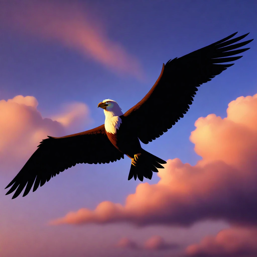 cartoon bird flying in the sky, clouds, sunspot, eagle