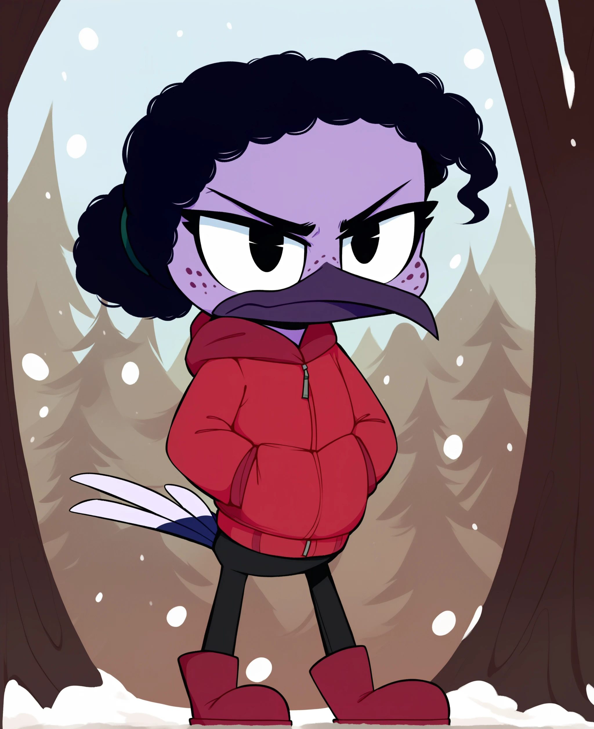 score_9, score_8_up, score_7_up, score_6_up, best quality, highres, source_furry, BREAK thn BREAK
1girl, female, solo, furry, outside, snow, snowing, winter, tree, detailed background, female, avian, hummingbird, long beak, violet sabrewing, young, *****, short, purple skin, black hair, black eyes, curled hair, short hair, black eyes, annoyed, squint, freckles, winter jacket, hood up, pants, boots, <lora:Violet_Sabrewing:1>